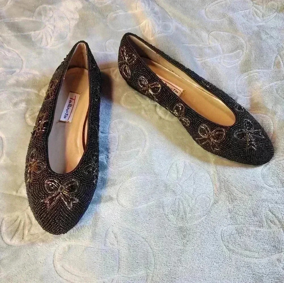 Vintage Talbots Fully Beaded Black Gold Bow Accent Ballet Flats Size 8M - Picture 1 of 9